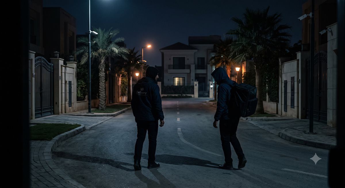 المتهم الرئيسي وشريكه أثناء توجههما إلى منزل المجني عليه  كما تخيلهما الذكاء الاصطناعي