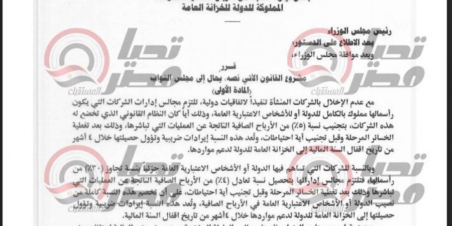 خاص.. تحيا مصر ينشر نص مشروع قانون لاقتطاع نسبة من أرباح الشركات لصالح خزانة الدولة
