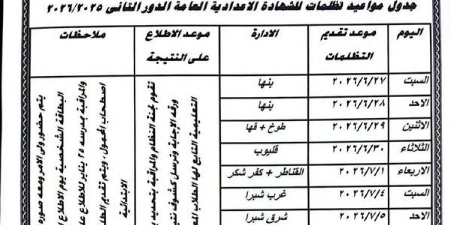تعرف على جدول مواعيد تظلمات الشهادة الإعدادية 2026
