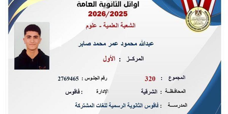 عبد الله محمود ابن الشرقية بالصدارة، قائمة أوائل الثانوية العامة 2026 علمي علوم (صور)