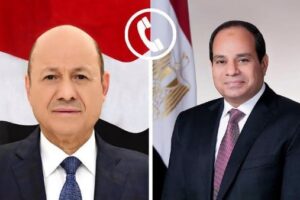 الرئيس السيسي يؤكد خلال اتصال هاتفي مع رئيس الرئاسي اليمني دعم مصر لوحدة واستقرار اليمن