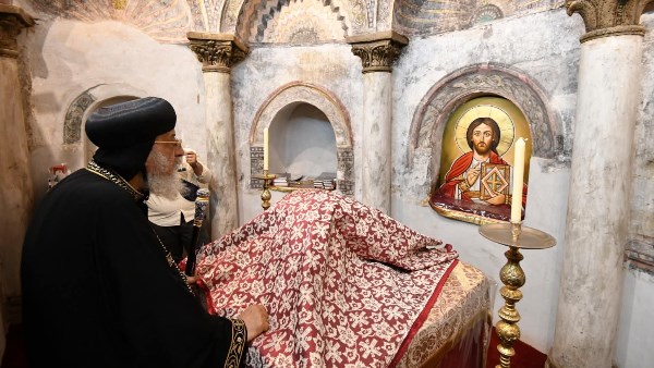 البابا تواضروس ي inaugurates the historic church at Abufana Monastery in Malawy following its renovation